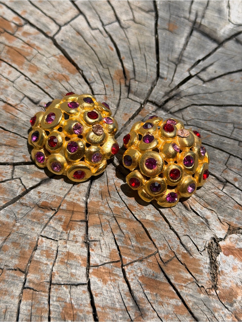 Ben-Amun Gold-Tone Dome Earrings with Pink and Purple Glass Stones
